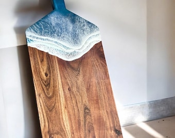 XLarge Ocean Resin Charcuterie Board: Engraved Acacia Wood Platter