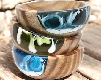 Handmade Mango Wood Dip Bowl: Turquoise Resin Ring Dish
