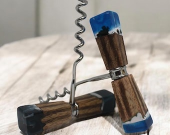 Handcrafted Resin Bottle Opener: Stainless Steel Corkscrew, Ocean Swirls