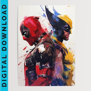 Stampa artistica ad acquerello ispirata a Deadpool e Wolverine / Stampa artistica da parete / Download digitale / Decorazione per camera da letto / Poster di fumetti
