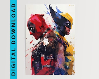 Deadpool & Wolverine Inspired Watercolour Art Print | Printable Wall Art | Digital Download | Bedroom Decor | Comic Book Poster