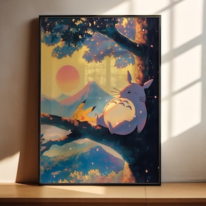 Totoro et Pikachu au Mont Fuji • Art style Pokémon/Ghibli • Art mural imprimable • Téléchargement numérique • Art mural anime • Décoration d'intérieur japonaise