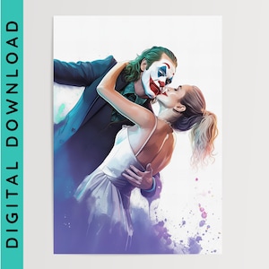 Joker & Harley Watercolour Art Print | Printable Wall Art | Digital Download | Bedroom Decor | Comic Book Poster
