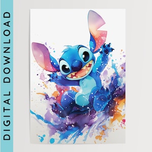 Stitch, Watercolour Art Print | Printable Wall Art | Digital Download | Bedroom Decor | Nursery Wall Art | Kids Room Poster