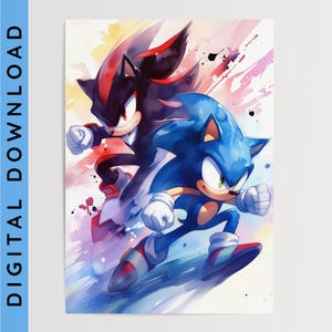 Sonic & Shadow, aquarelkunst • Sonic The Hedgehog • Afdrukbare muurkunst • Digitale download • Muurkunst in gamestijl • Muurposter slaapkamer