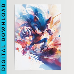 Sonic, Watercolour Art Print, Sonic The Hedgehog | Printable Wall Art | Digital Download | Bedroom Decor | Video Game Art