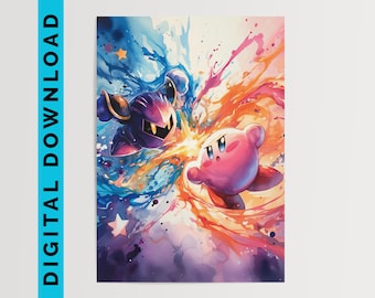 Kirby vs Meta Knight, Kirby Art Print | Printable Wall Art | Digital Download | Bedroom Decor | Video Game Art