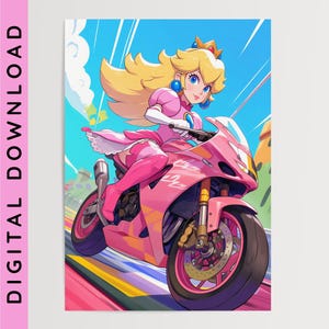 Princess Peach Racing • Arte estilo Mario Kart • Arte de pared imprimible • Descarga digital • Arte de pared estilo anime • Póster de pared del dormitorio