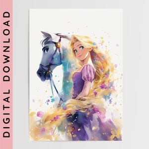 Rapunzel & Maximus, Watercolour Art Print | Printable Wall Art | Digital Download | Bedroom Decor | Nursery Wall Art | Girls Room Poster