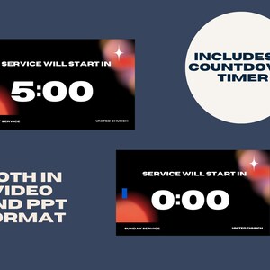 以下が含まれることがあります： 「Service will start in」のテキストと5:00と0:00を表示するカウントダウンクロックを備えたデジタルカウントダウンタイマーグラフィック。カウントダウンタイマーが含まれています。ビデオおよびPPT形式で利用できます。「Sunday Service」と「United Church」の文字も表示されています。
