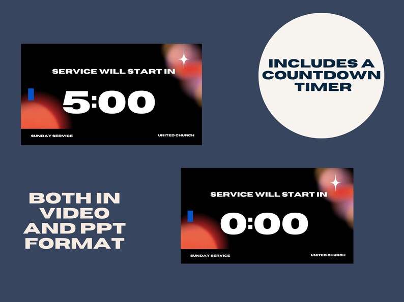 以下が含まれることがあります： 「Service will start in」のテキストと5:00と0:00を表示するカウントダウンクロックを備えたデジタルカウントダウンタイマーグラフィック。カウントダウンタイマーが含まれています。ビデオおよびPPT形式で利用できます。「Sunday Service」と「United Church」の文字も表示されています。
