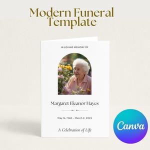 May include: A white funeral programme template featuring the text Modern Funeral Template at the top. The centre displays an arched photo of an elderly person, the text In Loving Memory Of, Margaret Eleanor Hayes, May 14, 1948 – March 2, 2025, and A Celebration of Life.