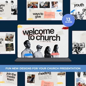 May include: A digital presentation with the text "welcome to church" and "it's good to see you!" displayed on a laptop screen. The presentation includes slides with text and images, such as "youth group" and "youth activity". The presentation is designed for church use.