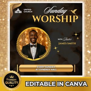 Black & Gold Church Flyer Template: Pastor Anniversary, Sunday Service (Canva Editable, Digital Download