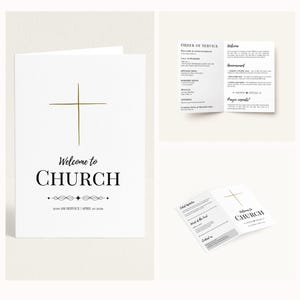 Puede incluir: Tarjetas de bienvenida a la iglesia blancas con una cruz dorada y la frase "Welcome to Church". Las tarjetas incluyen el orden del servicio y otra información. Las tarjetas están dobladas y presentadas en un estilo limpio y minimalista.