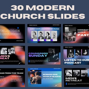 以下が含まれることがあります： 「30 MODERN CHURCH SLIDES」というテキストが入った濃い青色のグラフィック。画像には、「Welcome to Church」、「Meet Our Leadership Team」、「Connect with a Pastor」などのテキストが表示された複数のスライドが表示されています。
