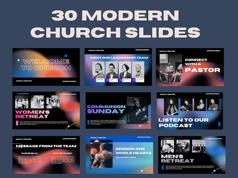 以下が含まれることがあります： 「30 MODERN CHURCH SLIDES」というテキストが入った濃い青色のグラフィック。画像には、「Welcome to Church」、「Meet Our Leadership Team」、「Connect with a Pastor」などのテキストが表示された複数のスライドが表示されています。