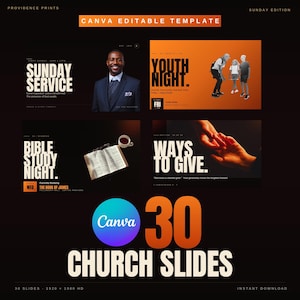 Può includere: Un modello modificabile di Canva con 30 diapositive per la chiesa. Il design presenta uno sfondo nero con testo arancione e bianco. Le diapositive includono testo come "Sunday Service", "Youth Night", "Bible Study Night" e "Ways to Give".