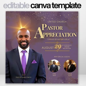Purple Pastor Appreciation Flyer: Editable Church Invite Canva Template