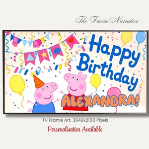 Custom Tv Frame Art Childrens Happy Birthday Pink Piggy  celebration screen Tv decor for childrens birthday party event room decor