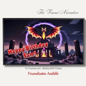 Custom Tv Frame Art Childrens Happy Birthday Mincraft Ender dragon celebration screen  decor for childrens birthday party event room decor