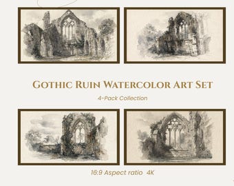 Gothic Ruin Watercolor Art Set, Moody Landscape TV Wallpaper (Digital Download)