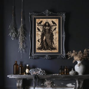 May include: A framed print with a gothic illustration of a woman and ravens. The artwork is in black and beige tones, set against a dark wall. The black ornate frame enhances the vintage aesthetic. The print is a decorative piece.