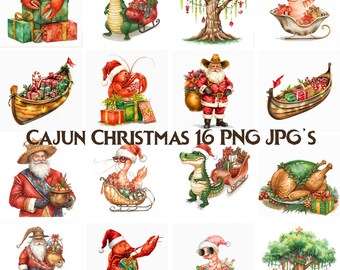 Cajun Christmas Clipart: Watercolor Santa & Alligator (PNG, JPG)