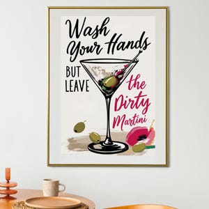 Retro Dirty Martini Wall Art: Bar Cart Decor, Kitchen Poster, Pink & Black Bathroom Sign