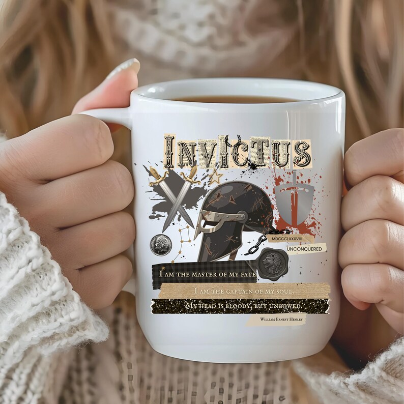 May include: White ceramic mug featuring the word "INVICTUS" in a decorative font, along with illustrations of a helmet, swords, and a shield. The mug also includes inspirational quotes and the phrase "UNCONQUERED".