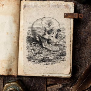May include: An open antique book displays a detailed black and white illustration of a human skull with a tree growing inside. The aged pages are held together with a rusty metal clasp. Inkwells and a feather quill rest on the wooden surface.