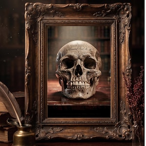 May include: A detailed skull with text is framed in an ornate, antique-style wooden frame. The skull sits on a wooden surface, with a quill and inkwell in the foreground. The background features a blurred bookshelf.