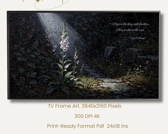 Moody Foxglove Oil Painting Print, Dark Academia Wall Art, Single Botanical Fine Art Poster, Midnight Garden Decor, Horizontal TV Frame Art