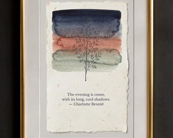 Charlotte Brontë Evening Shadows Quote Print, Muted Watercolor Botanical Summer Journal Poster