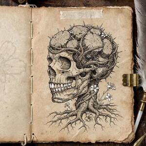 May include: A detailed pen and ink drawing of a skull with a tree growing from it, on aged paper. The skull's head is replaced by tree rings and thorns. Roots and small white flowers are also present. The drawing is on a vintage-style journal.