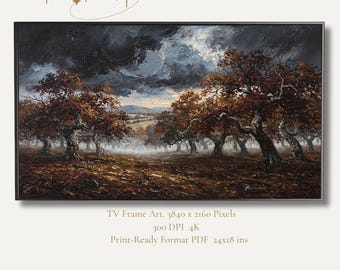Moody Autumn Oak Grove Oil Painting, Stormy Landscape, Dark Academia Decor (Digital Print)