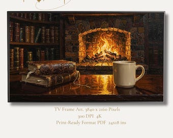 Vintage Fireside Oil Painting, Cozy Library Landscape, Dark Academia Decor (Digital Print)