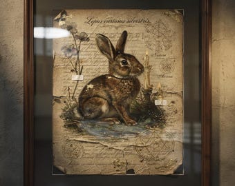 Forest Rabbit Naturalist Print, Dark Academia Lithograph, Mixed Media Parchment Decor (Digital Download)