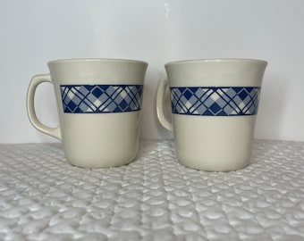 Corning mugs pair blue plaid