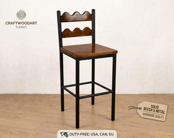 Solid Beech Wood Bar Stool, Industrial Metal Legs, Rustic Kitchen Island Chair