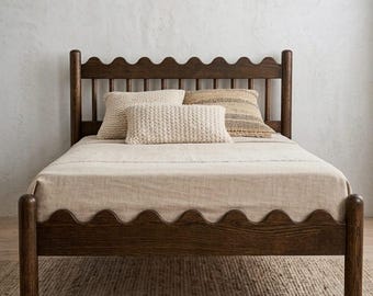 Scallop Solid Wood Platform Bed Frame, Wavy Mid Century Modern Furniture Queen Bed