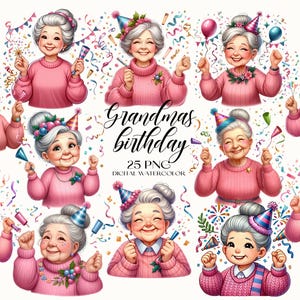 Clipart de aniversário de avós, clipart de mulheres idosas de aniversário PNG, clipart de desenho animado em aquarela, clipart de avó, PNG de aniversário fofo, avó