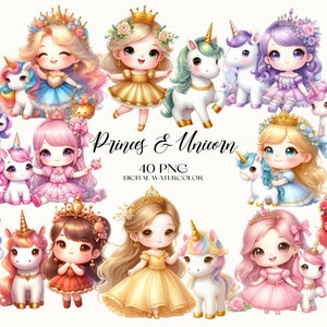 Prinzessin und Einhorn Clipart, Aquarell süßes Baby PNG, Kinderzimmer Clipart, Baby-Geburtstagsfeier Clipart, Prinzessin Einhorn Sublimation