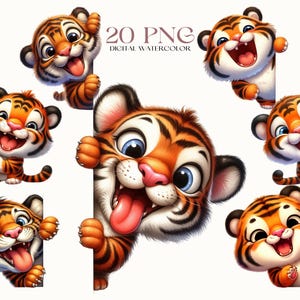 Lindo tigre espiando, ilustraciones de tigre PNG, animales PNG, clipart de dibujos animados de acuarela, clipart de animales, clipart de cumpleaños