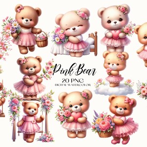 Clipart de oso rosa, clipart de San Valentín, oso romántico PNG, clipart romántico, clipart de boda PNG, clipart de amor de oso