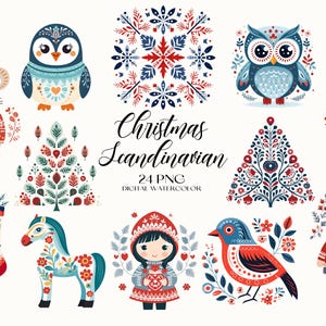 Clipart scandinave de Noël, PNG scandinave de Noël, aquarelle des cliparts scandinaves, des cliparts Noël, décoration d'hiver PNG