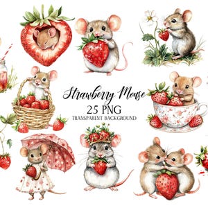 Souris mignonne en Clipart fraise, été Clipart PNG, Clipart fraise, petits animaux PNG, Clipart animaux, téléchargement numérique