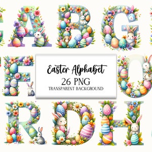 Alfabeto de conejito de Pascua Clipart PNG, Alfabeto de Pascua colorido, Lindas letras de Pascua Clipart, Alfabeto ABC de acuarela PNG