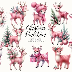 Christmas Pink Deer Clipart, Christmas Pink Deer PNG, Cartoon Deer Clipart, Watercolor Deer PNG, Christmas Clipart, Winter Decoration PNG