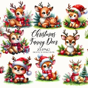 Christmas Funny Deer Clipart, Christmas Cute Deer PNG, Cartoon Deer Clipart, Watercolor Deer PNG, Christmas Clipart, Winter Decoration PNG